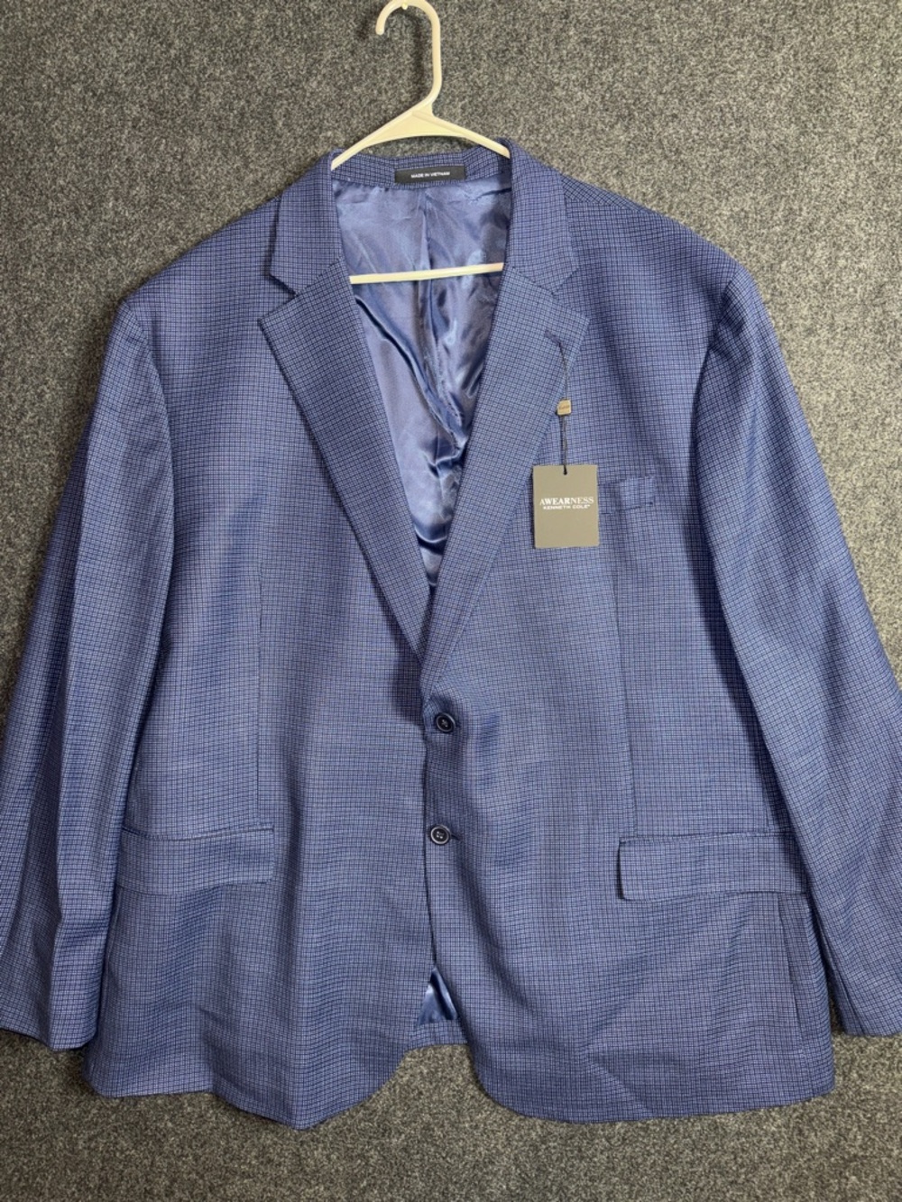 Awearness Kenneth Cole Mens Blue Micro Check Wool Blend Stretch Blazer 54R NWT
